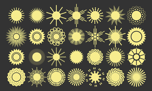 Twenty-eight stylized images of the sun on a dark background. Set of vector icons