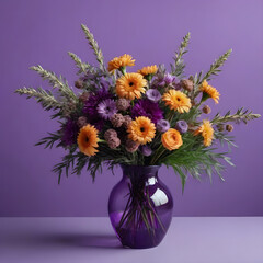 Obraz premium a bouquet of flowers in a vase on a purple background.