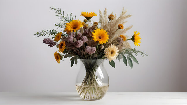 a bouquet of flowers in a vase on a white background. 