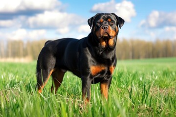 A Rottweiler dog is standing in the grassy field under the cloudy sky