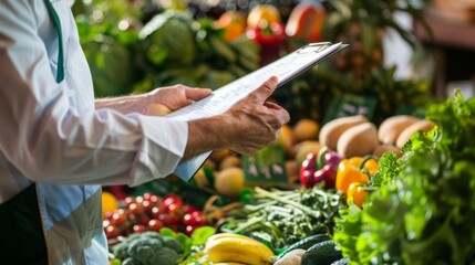 Nutritionist hands over a customized meal plan to a client, with a background richly adorned with fresh fruits, leafy vegetables and whole grains.