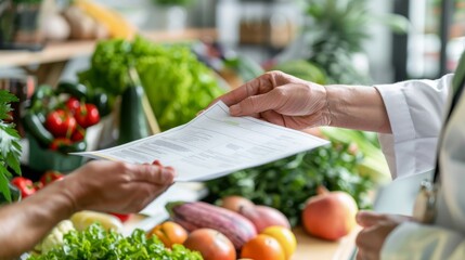 Nutritionist hands over a customized meal plan to a client, with a background richly adorned with fresh fruits, leafy vegetables and whole grains.