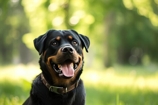 A loyal Rottweiler standing proudly in a lush green field, with room for text along the top edge of the picture.