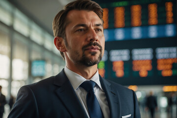 Selbstsicherer Geschäftsmann im Anzug vor Flugzeiten-Anzeigetafel am Flughafen