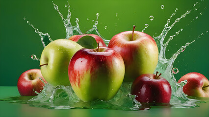 apples on a green background. splashes of water and juice. for advertising, poster, banner