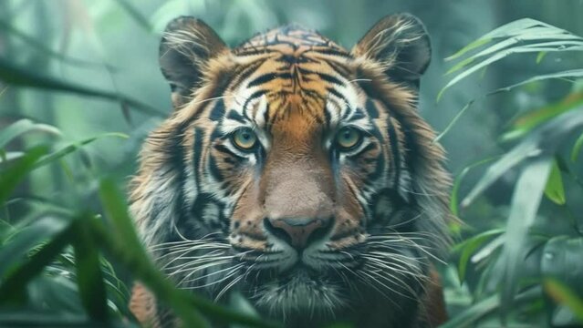 A tiger is standing in a jungle with green leaves and grass. The tiger is looking directly at the camera 4K motion
