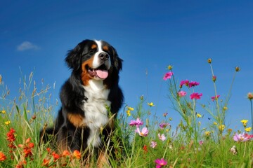 A Bernese Mountain Dog, a carnivore, sits in a field of flowers under the sky
