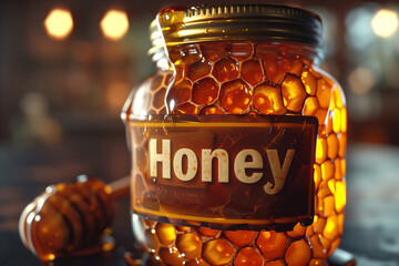 Glowing Jar of Honey with Honeycomb Texture, Warm Ambience and Sweet Temptation - obrazy, fototapety, plakaty