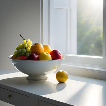 A bowl of vibrant fruits basks in warm, natural light by a window. Oranges, grapes, and apples create a colorful still life, perfect for stock photos about healthy eating