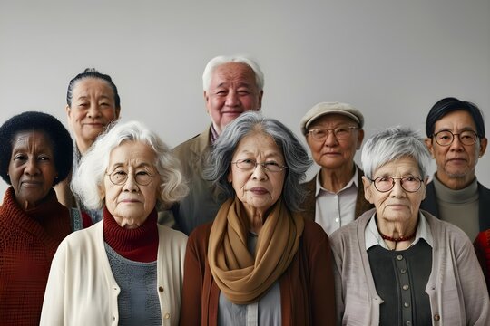 Diverse group of elderly people representing global demographic aging highlighting the challenges and changes in society. Concept Aging Population, Global Demographics, Elderly Representation