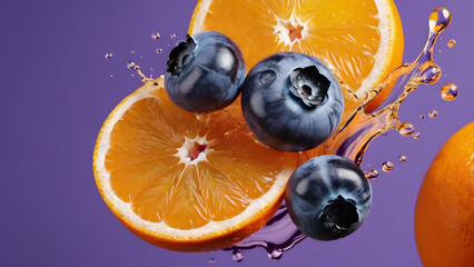 blueberries and oranges on an orange background. splashes of water and juice. for advertising,...