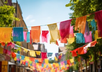 Colorful flags creating a vibrant, festive atmosphere on a sunny street.