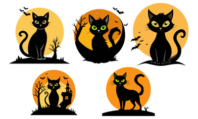 Collection of Halloween creepy cat with spooky tree with bats flat color vector illustration set for tshirt design.