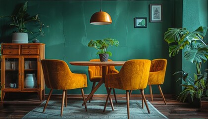 Mustard color chairs at round wooden dining table in room with sofa and cabinet near green wall, generated with AI