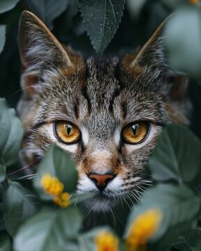 Nature photo of a  cat in the jungle, focus on the eyes, generated with AI