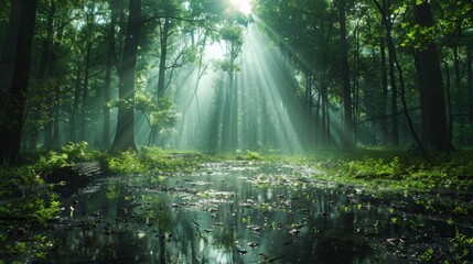 Fototapeta na wymiar Sunny old forest after rain, secular trees, sunny day, rays and beams of sunlight, generated with AI