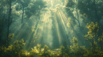 Sunny old forest after rain, secular trees, sunny day, rays and beams of sunlight, generated with AI