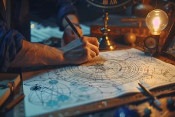 Astrologer calculating natal chart and makes a forecast - obrazy, fototapety, plakaty