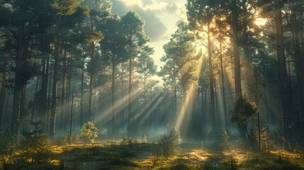 Sunny old forest after rain, secular trees, sunny day, rays and beams of sunlight, generated with AI