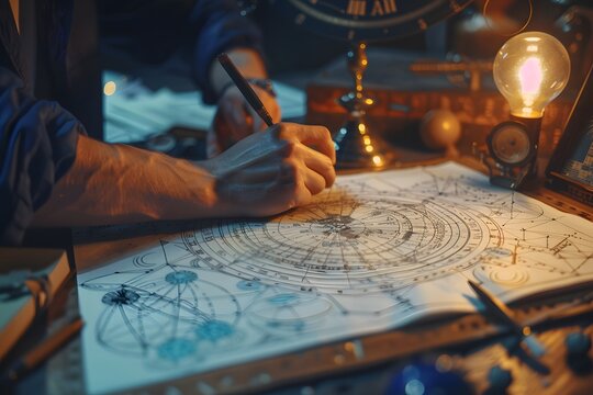 Astrologer calculating natal chart and makes a forecast