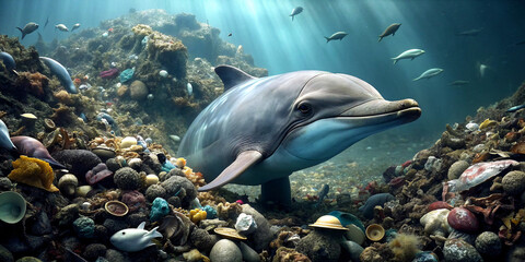 A dolphin swimming in an underwater pile of plastic trash and garbage. other fish can be seen in the background, none of them look healthy