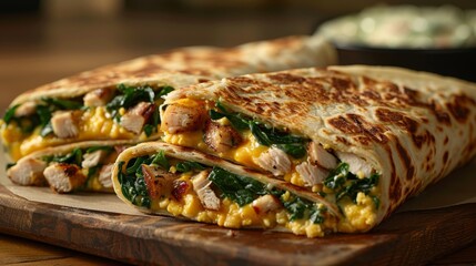 Melted mozzarella healthy wrap the healthy wrap is a delicious and nutritious breakfast option, featuring two protein-packed egg whites, savory turkey, fresh spinach, and melted, generated with AI - obrazy, fototapety, plakaty