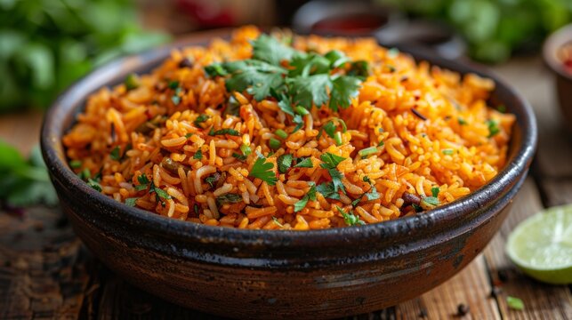 Masala rice, yellow rice with chopped cilantro in a big bowl, shot by skyler burt with canon ef-s 35mm f/2.8 macro is stm and professional lighting, generated with AI
