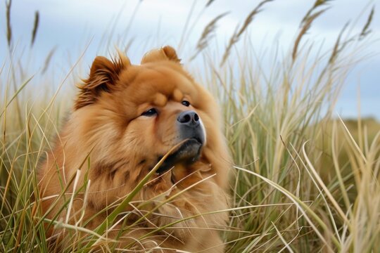 A majestic Chow Chow posing proudly amidst a field of tall grass, its gaze fixed on the horizon,