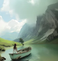 Foto op Plexiglas Kobieta w łodzi płynąca rzeką w scenerii górskiej © DinoBlue