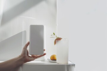 A minimalist water purifier with clean lines, displayed with a monochromatic vase, plates, and a chilled drink garnished with fresh fruit, all set against a sunny white background. Created Using: simp