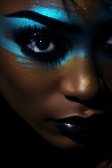 Close Up of Woman With Blue and Gold Makeup
