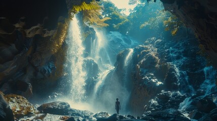 Fototapeta na wymiar Waterfall in bali indonesia with light and bright colors and high contrast, generated with AI