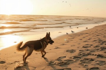 A majestic German Shepherd trotting along a sandy beach at sunrise, with crashing waves and seagulls in the distance, and space for text on the right