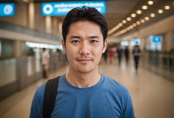 Smiling Japanese male at the airport. Happy Asian man walks through the airport.