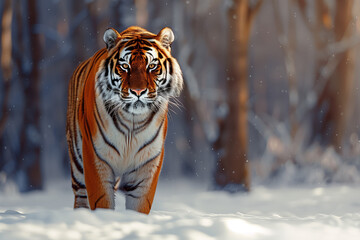 Fototapeta na wymiar Siberian Tiger Prowling in Snowy Forest, Winter Predator's Gaze