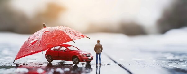 Miniature scene with a man, red car, and umbrella on wet surface. Creative concept for insurance and protection services