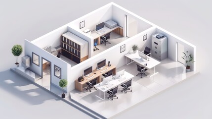 Isometric view of a modern office interior with desks, chairs, and computers