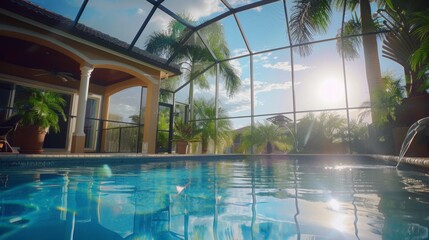 Southwest florida pool, with a pool cage, on a beautiful sunny day in sarasota, fl, uhd, 8k,generated with AI - obrazy, fototapety, plakaty