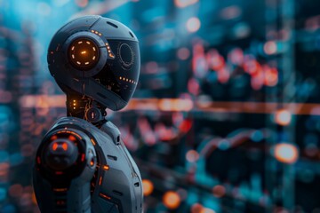 Robot standing in front of an ai-generated trading chart, symbolizing the integration and use of artificial intelligence for stock market analysis in the style of vray, generated, generated with AI - obrazy, fototapety, plakaty