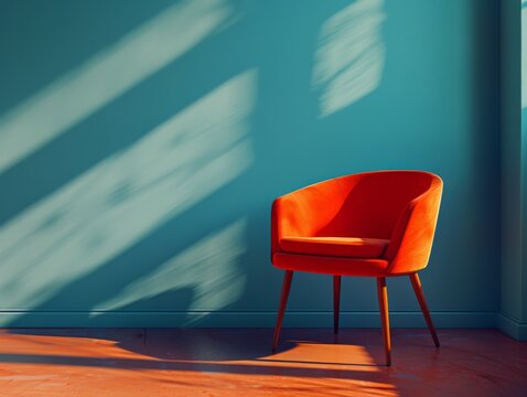 Red side chair photoshoot, blue background, blender, 3d, octane render, cinematic, generated with AI