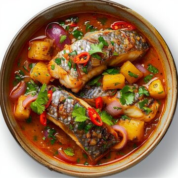 Realistic image of kerala style fish curry in a bowl with bakground, view from top, generated with AI