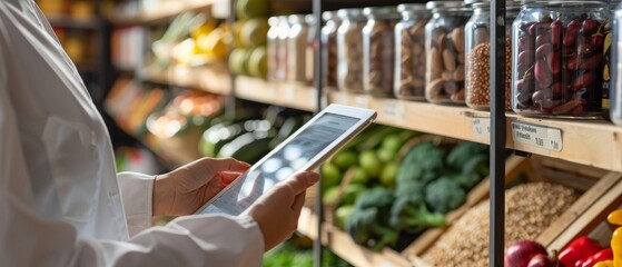 Nutrition consultation session in progress, where a nutritionist uses a tablet to show a client interactive meal planning software app against a background of a well-stocked healthy pantry. 