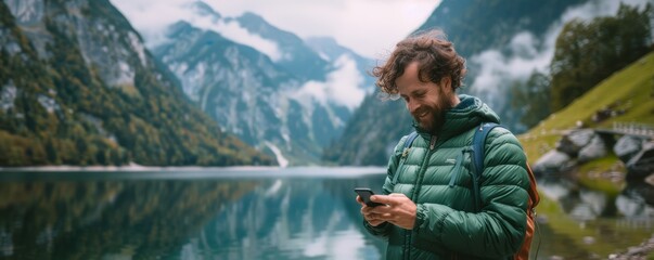 Smiling man with phone in front of mountain and lake. Landscape travel