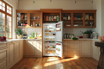 3D illustration of kitchen interior with an open refrigerator full of foods