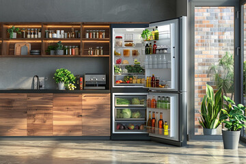 3D illustration of kitchen interior with an open refrigerator full of foods