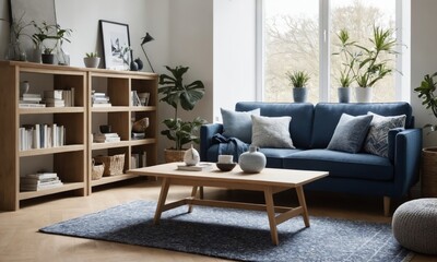 Photo of a cozy Scandinavian living room bathed in soft natural light