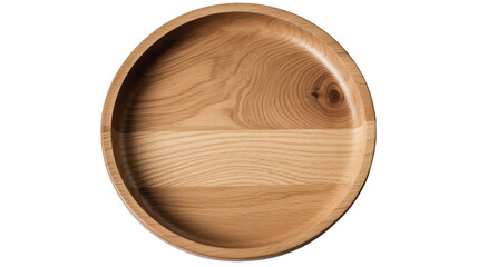 A round wooden serving tray seen from above isolated on a transparent background
