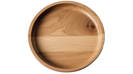 A round wooden serving tray seen from above isolated on a transparent background