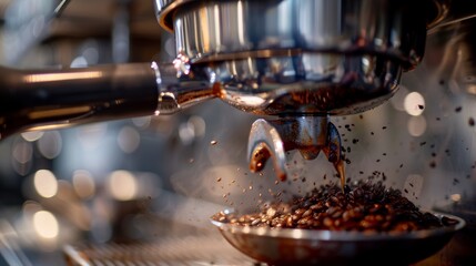 Close-up of an espresso machine extracting coffee into a portafilter filled with coffee beans - obrazy, fototapety, plakaty