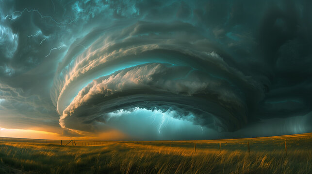 Dark, towering clouds of a supercell thunderstorm over plains.
